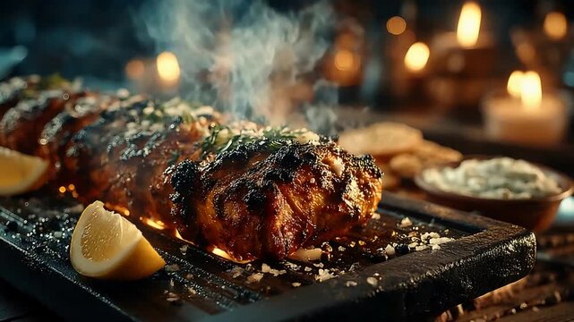 Sizzling Grilled Steak with Lemon and Herbs, Evoking Warmth and Flavor.