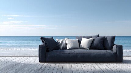 Modern sofa on serene beachside with clear blue sky and ocean