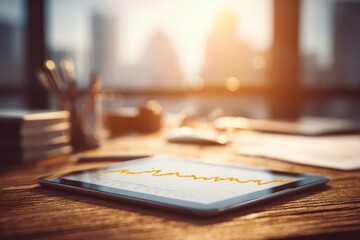 A close-up view of a tablet displaying financial data on a wooden desk, highlighting business analytics and economic trends in a modern office setting.