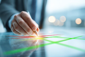A man drawing financial charts with a pen, showing business growth and investment strategy, analysis data with bokeh effect and bright lines to show data trending.