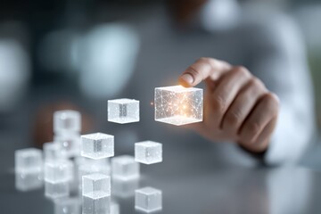 Man's hand holding a translucent cube with network connections, innovative technology, data visualization and digital transformation, on a reflective surface.