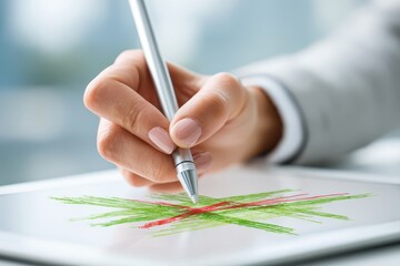 A woman's hand uses a stylus to cross out green lines in red on a tablet screen, indicating rejection or cancellation, close-up shot of digital workflow process.