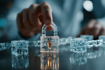 A blockchain security concept featuring a hand holding a digital padlock, representing secure data transfer and decentralized network protection, innovative technology.