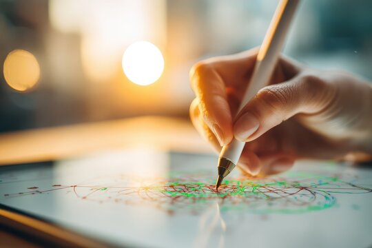 Close-up shot of a hand using a digital pen to draw colorful, intricate designs on a tablet, bathed in warm, creative light, with artistic blur effects