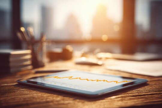 A close-up view of a tablet displaying financial data on a wooden desk, highlighting business analytics and economic trends in a modern office setting.