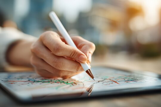 Woman using a stylus to draw on a tablet, creating digital art and graphic designs, exploring new creative possibilities and design ideas in a modern studio setting.
