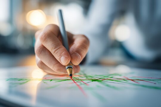 Close up shot of a person's hand drawing lines with a pen on paper, illustrating a chart or financial data analysis for business presentation or report.