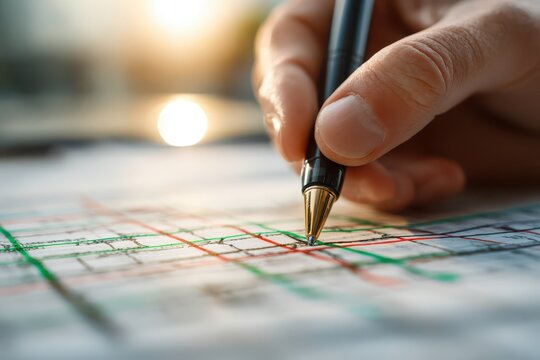 Planning journey with a pen on a detailed map, highlighting travel routes and marking destinations, a human hand holding pen on map background.