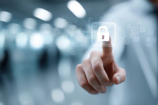 A man's finger touches a digital padlock icon on a futuristic interface, representing cybersecurity, data protection, and online privacy with innovative technology.