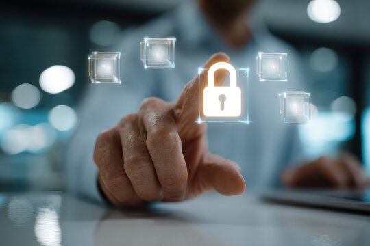 Close up of a person pressing a lock symbol on a digital screen, symbolizing network and data security with holographic cubes representing digital information transfer.
