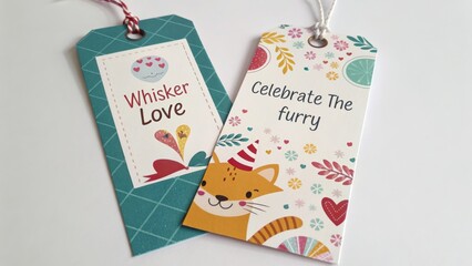 Two decorated gift tags featuring cats and celebration themes