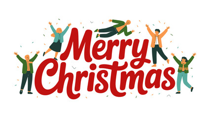 Festive Cheer: Embrace the season with joy as lively figures dance around a bold Merry Christmas message, creating a vibrant scene of holiday celebration.