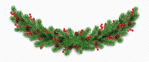 Vector realistic pine tree branches, cones and red berries isolated on a transparent background. Holiday Christmas tree garland for winter decoration banner, poster, greeting card.