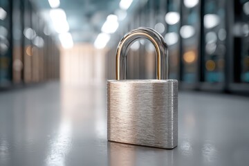 A polished metallic padlock securing data in a server room, emphasizing digital safety and confidentiality with technology and network security.