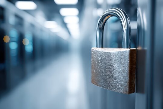 Close-up of a silver padlock on a server rack for data security, system administration and cybersecurity in a data center with blurred background and modern design. - Powered by Adobe