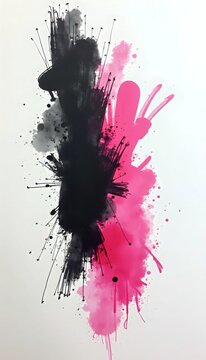 Lukisan cat air hitam dan merah muda di atas kertas putih.