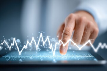 Analyzing financial data on a tablet screen with a finger pointing at a chart, displaying stock market trends and investment analysis, showing data insights.