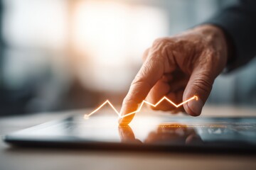 Close-up of a businessman's hand analyzing a rising financial graph on a tablet, representing business growth, investment strategy and economic success in the modern age.