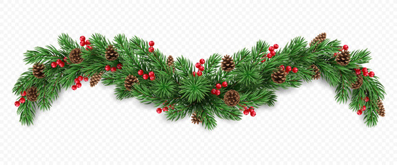 Vector realistic pine tree branches, cones and red berries isolated on a transparent background. Holiday Christmas tree garland for winter decoration banner, poster, greeting card.