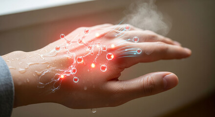 Closeup of a hand with glowing red particles and lines, suggesting a scientific or medical concept related to biology, chemistry, or nanotechnology