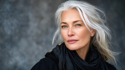 Portrait of a graceful mature woman with silver hair cascading over her shoulders, dressed in a minimalist black outfit, dramatic lighting highlighting facial contours and confiden
