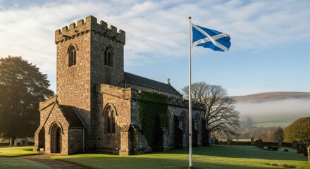 Historic stone church stands proudly under a scottish flag on a bright, clear day St. Andrew's Day