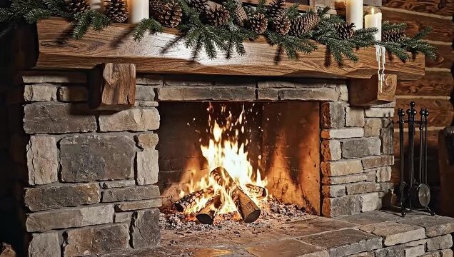 Slow orbit around rustic cabin fireplace with decorations
