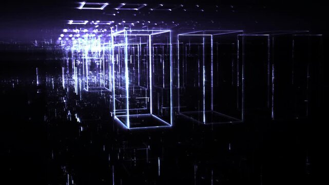 Leuchtende gitterf&ouml;rmige Geometrie f&uuml;r Technologie, Energie, Produktion & Datentransfer &ndash; moderne Architektur, Planung & Sicherheit visualisiert, violett, lila
