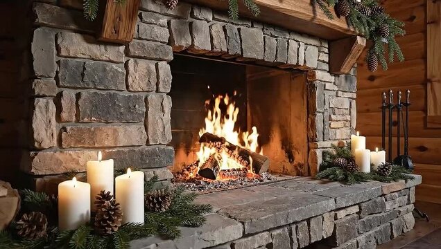 Slow orbit around rustic cabin fireplace with decorations