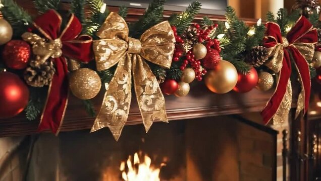 Slow pan of Christmas fireplace with red and gold ornaments