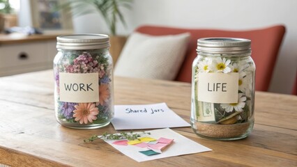 Two jars with flowers and money representing work and life