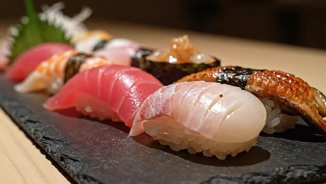 Rotating macro shot around sushi nigiri row
