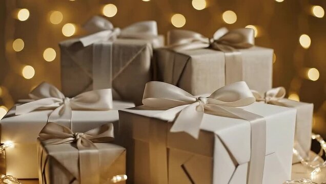 Slow rotation of neutral holiday gift boxes with lights