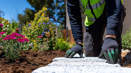 Close-up on gloved hands placing concrete slabs along the pathway around a newly constructed cottage, enhancing landscaping aesthetics