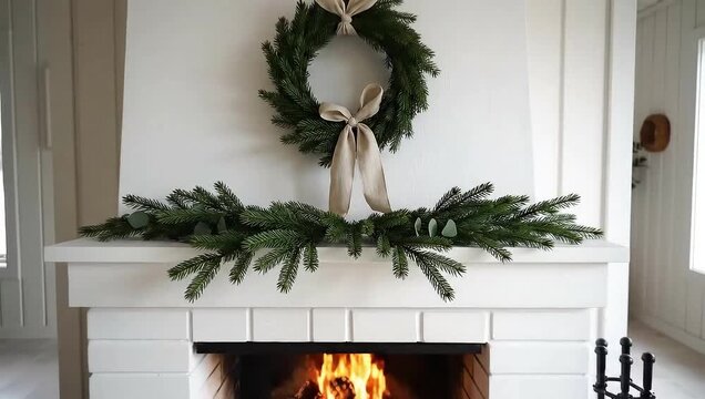 Slow tilt of bright white Christmas fireplace scene