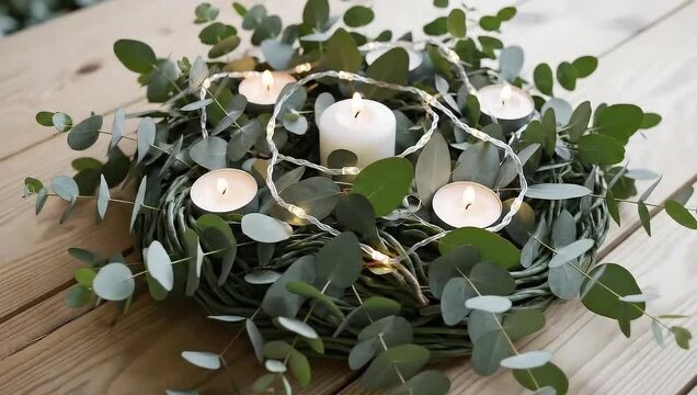 Slow top-down slide over eucalyptus Christmas centerpiece