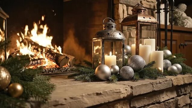 Slow slide across Christmas fireplace with lanterns and candles