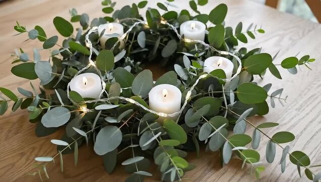 Slow top-down slide over eucalyptus Christmas centerpiece