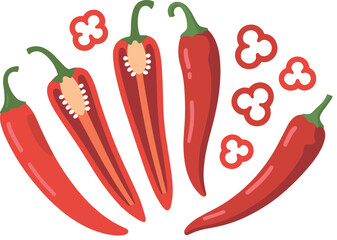 Arrangement of Red Chili Peppers Whole, Halves, and Slices Vector Illustration