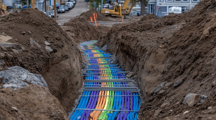 Close-up of trench filled with colored cable ducts for electricity and data transmission toward a new private house