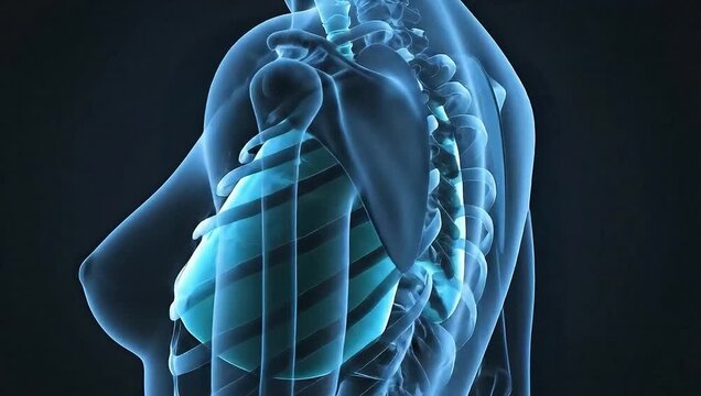 Rotating 3D x-ray torso with glowing lungs inhaling