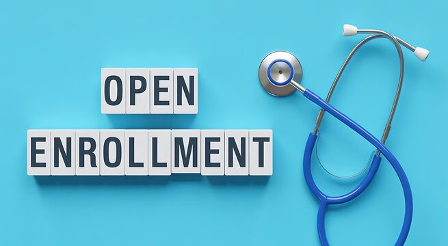 Open enrollment period for health insurance with stethoscope symbolizing healthcare and medical services on a blue background