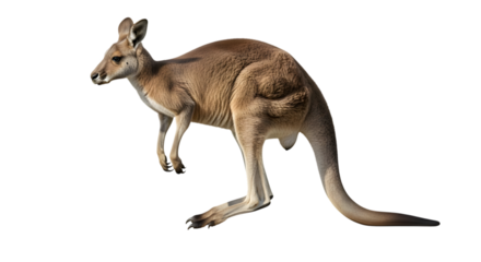 A full body side profile of a red kangaroo standing alert isolated on transparent background