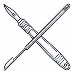Illustration of a scalpel and pen in black and white