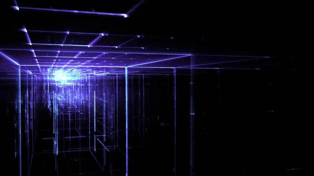 Leuchtende gitterf&ouml;rmige Geometrie f&uuml;r Technologie, Energie, Produktion & Datentransfer &ndash; moderne Architektur, Planung & Sicherheit visualisiert, violett, lila
