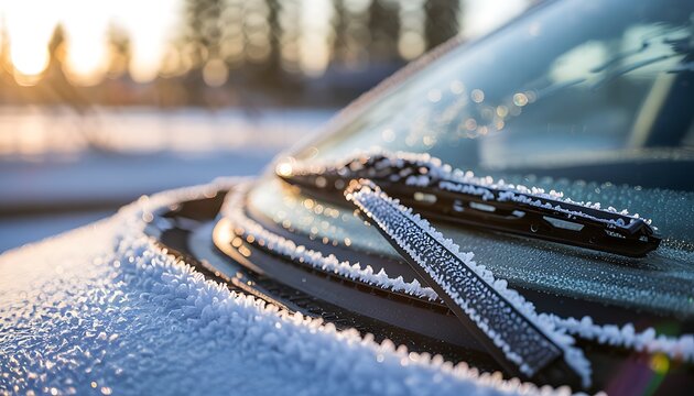 Close up of frost covered car windshield wipers and hood on a cold winter morning with soft golden sunrise light in the background