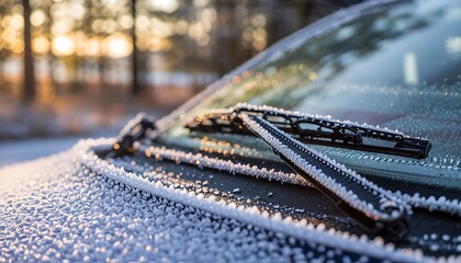 Close up of frost covered car windshield and wipers with soft focus trees and warm sunset light in the background