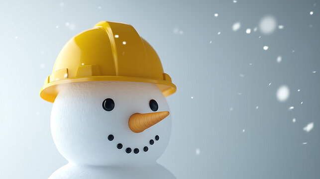 Winter safety is important! This adorable snowman is wearing a yellow hard hat as snow falls. Safety is always important, especially during the winter season.
