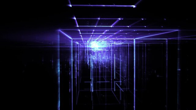 Leuchtende gitterf&ouml;rmige Geometrie f&uuml;r Technologie, Energie, Produktion & Datentransfer &ndash; moderne Architektur, Planung & Sicherheit visualisiert, violett, lila
