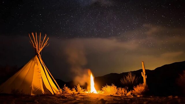 Native American teepee glows under starlit desert sky with campfire.